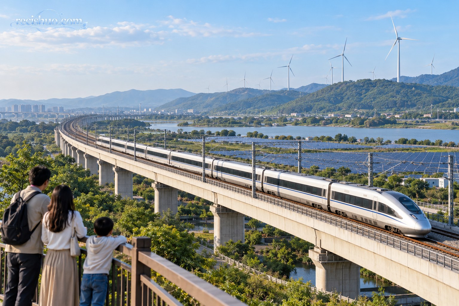 现代列车驶过清洁能源设施分布的城市近郊,市民在安全区域远望
