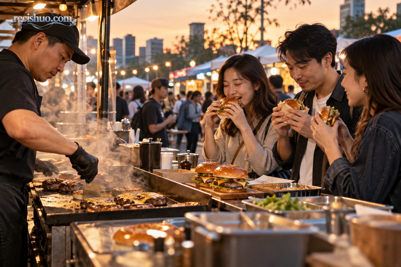 傍晚的城市户外汉堡市集里,食客在铁板摊位前品尝刚出炉的汉堡