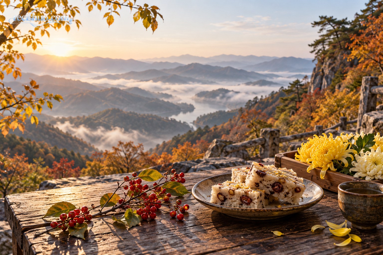 秋日山景前摆放菊花、茱萸与重阳糕的重阳节意象