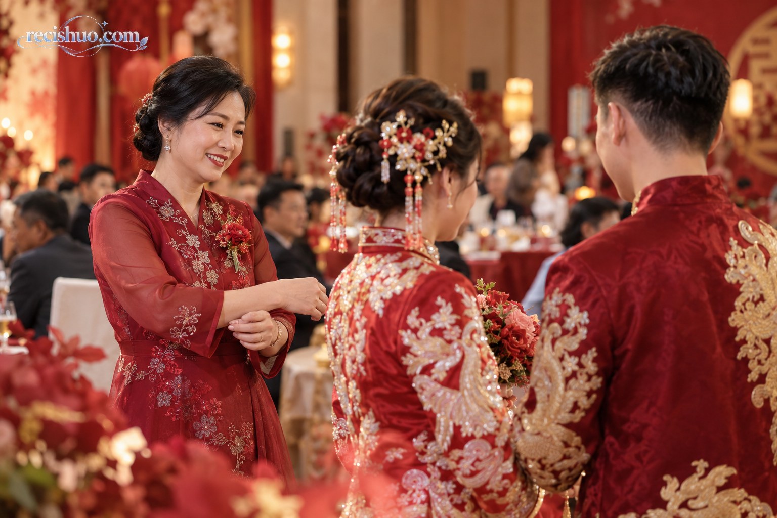 喜庆婚宴现场，一位身穿红色礼服的母亲微笑站在新人身旁