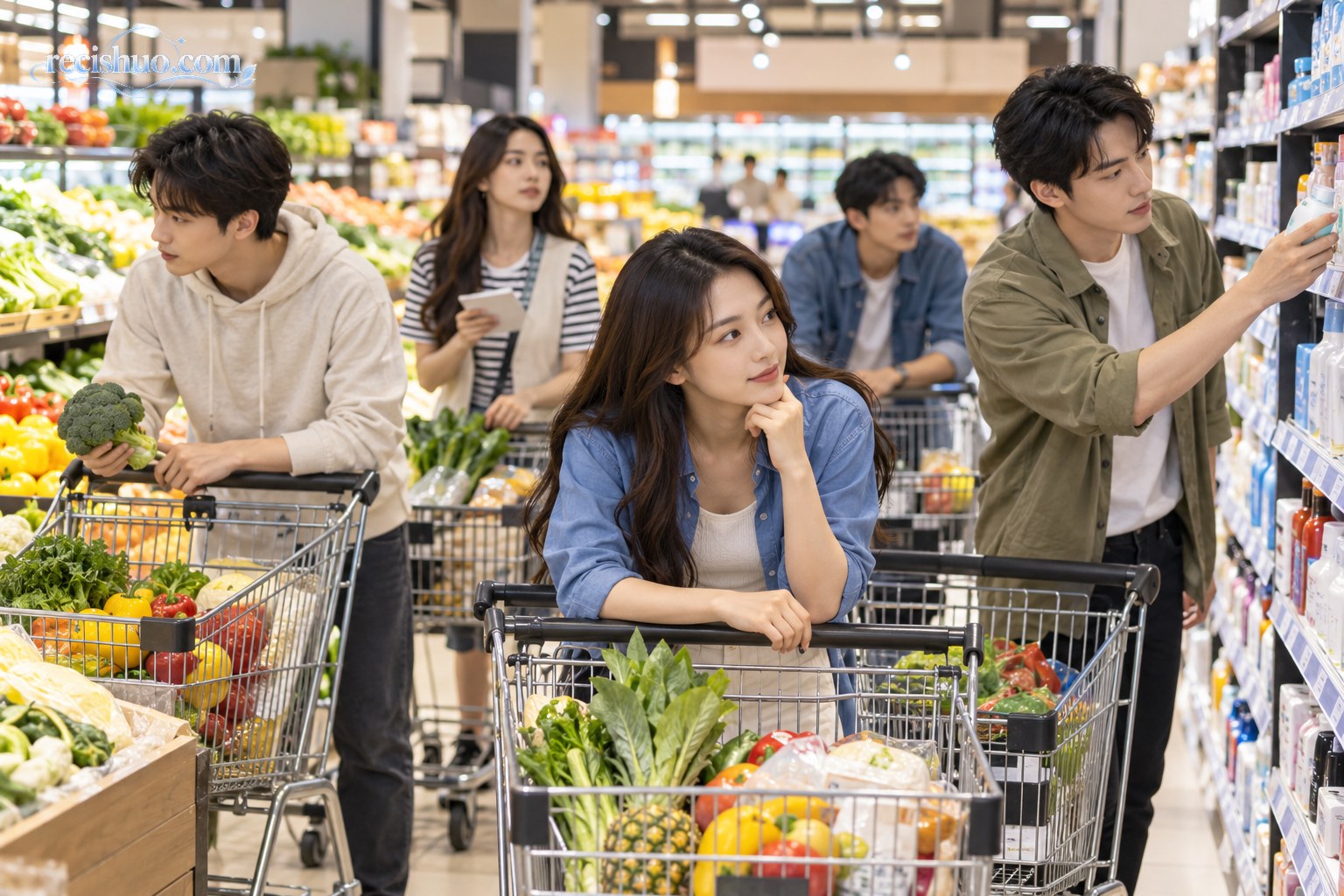 多名年轻参与者在超市货架间推着购物车观察商品并思考策略