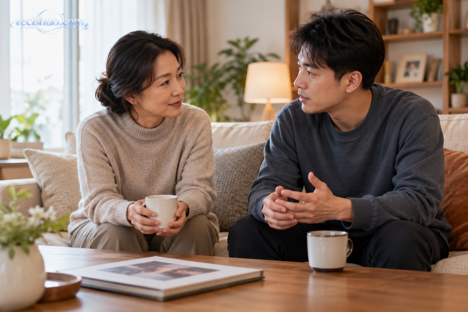 安静客厅内,一位母亲与成年儿子面对面平和交流