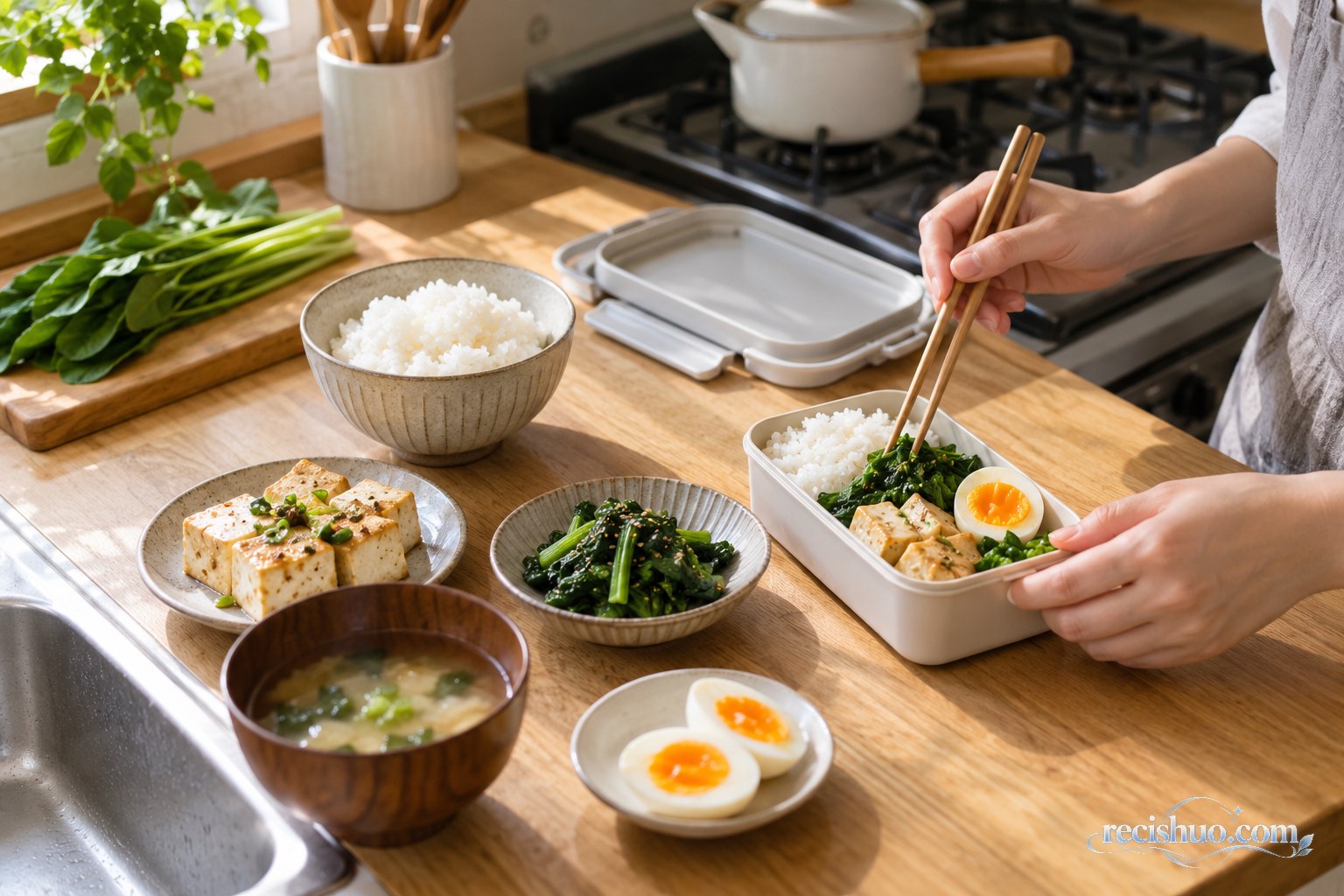 年轻人在小型厨房用米饭、鸡蛋、豆腐和蔬菜准备简易便当