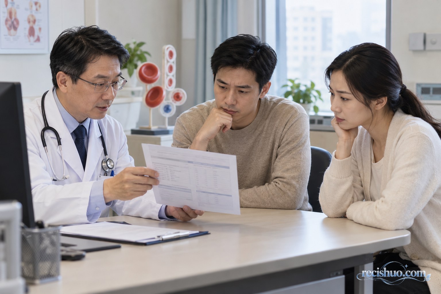 医生在诊室向一对夫妇解释血型检测报告