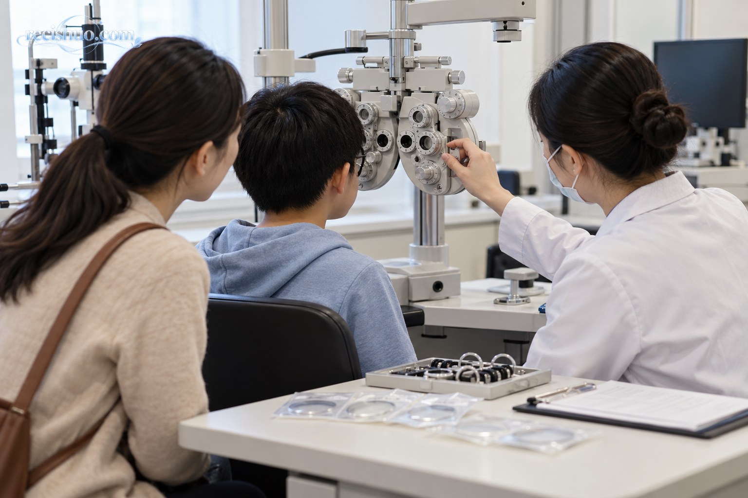 家长陪同青少年在专业验光室接受视力检查