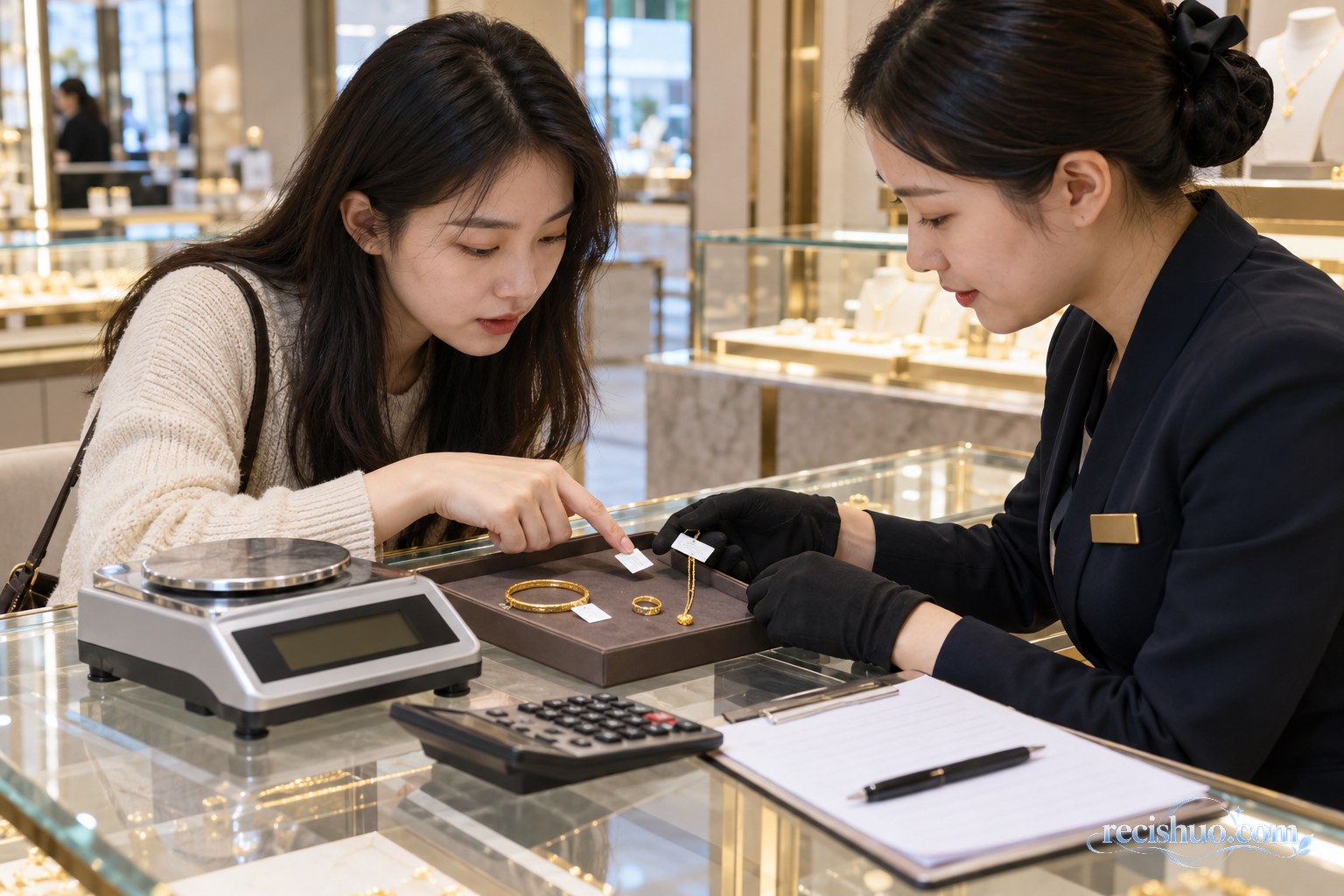 年轻消费者在珠宝店核对黄金首饰的克重与费用信息