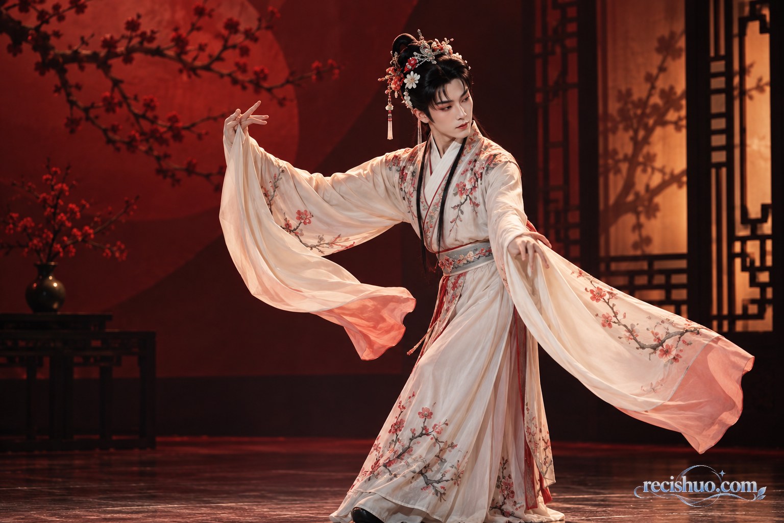 身着梅花纹戏服的青年表演者在中式舞台上展示长袖身段