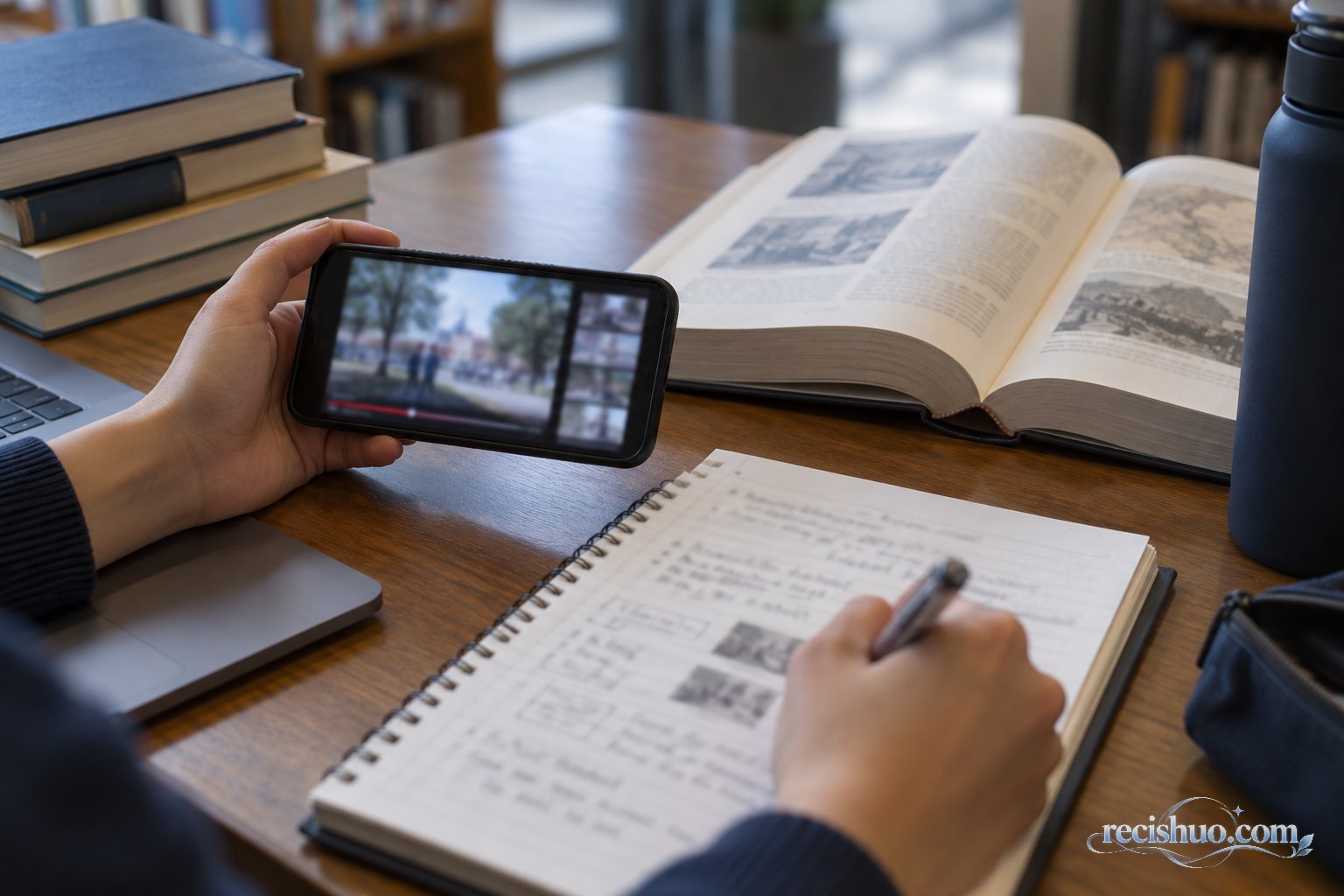 学生在图书馆对照手机视频、历史书籍与笔记核验事件信息