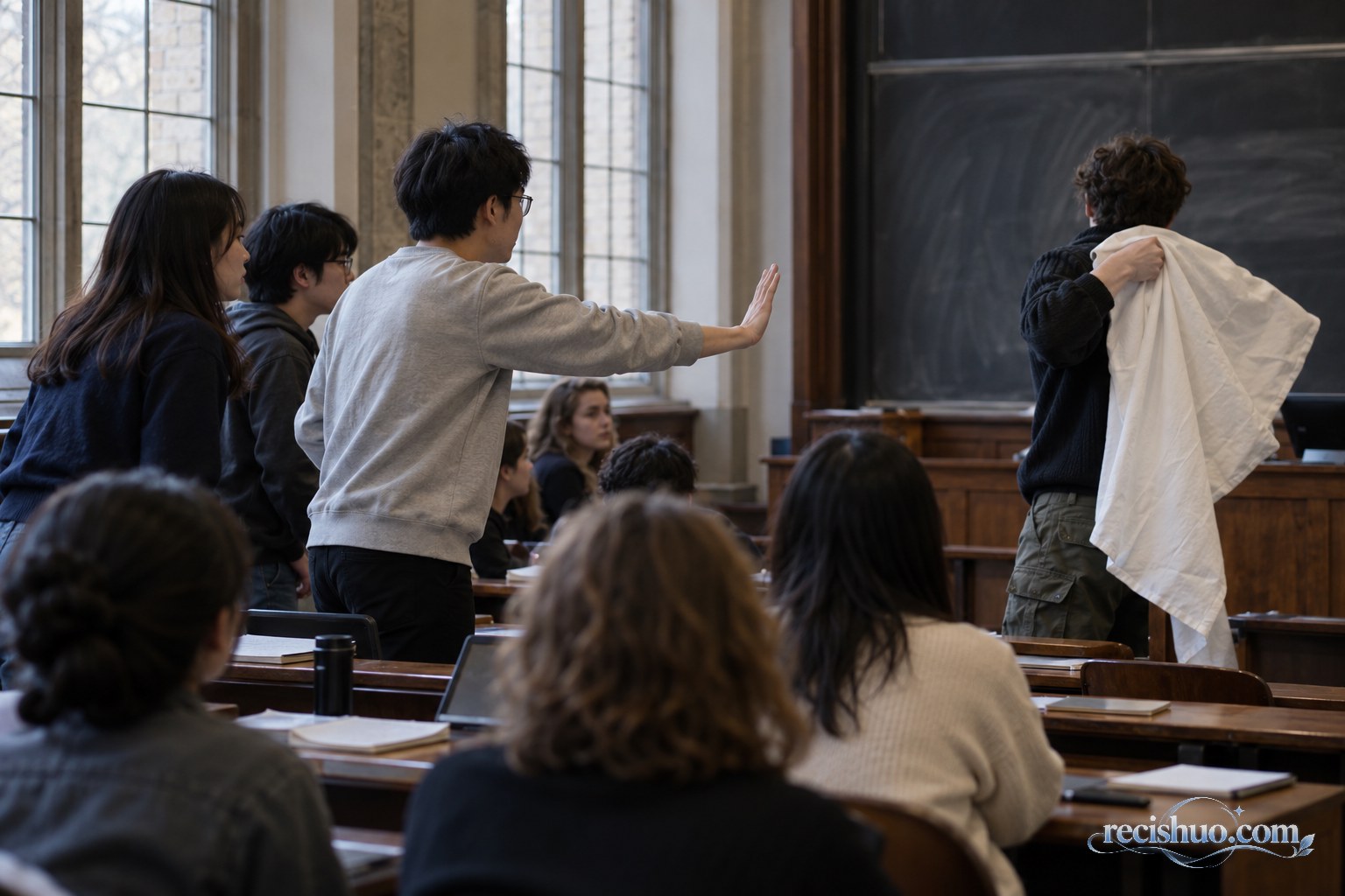 海外大学课堂内多名学生起身制止一名披着纯白布料的同学