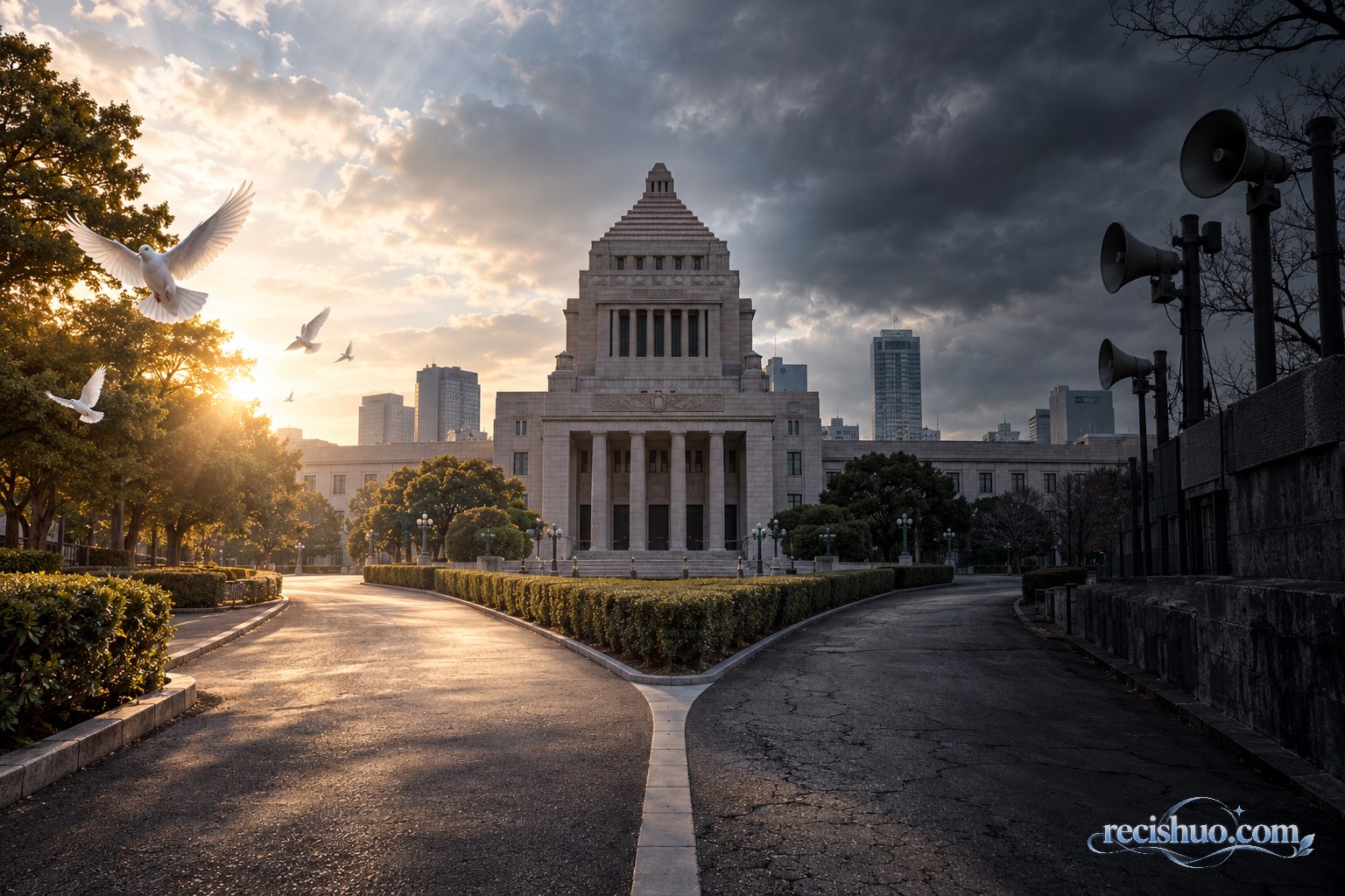 日本国会议事堂风格建筑前道路分岔,明亮一侧有白鸽,阴暗一侧立着扩音器