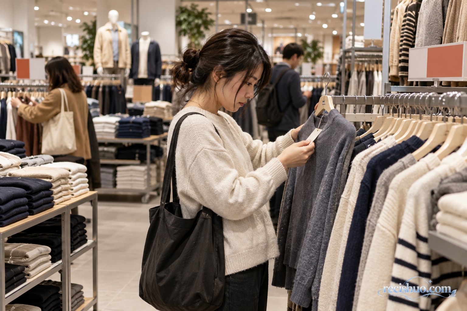顾客在秋季服装卖场的基础款衣架前仔细查看商品吊牌