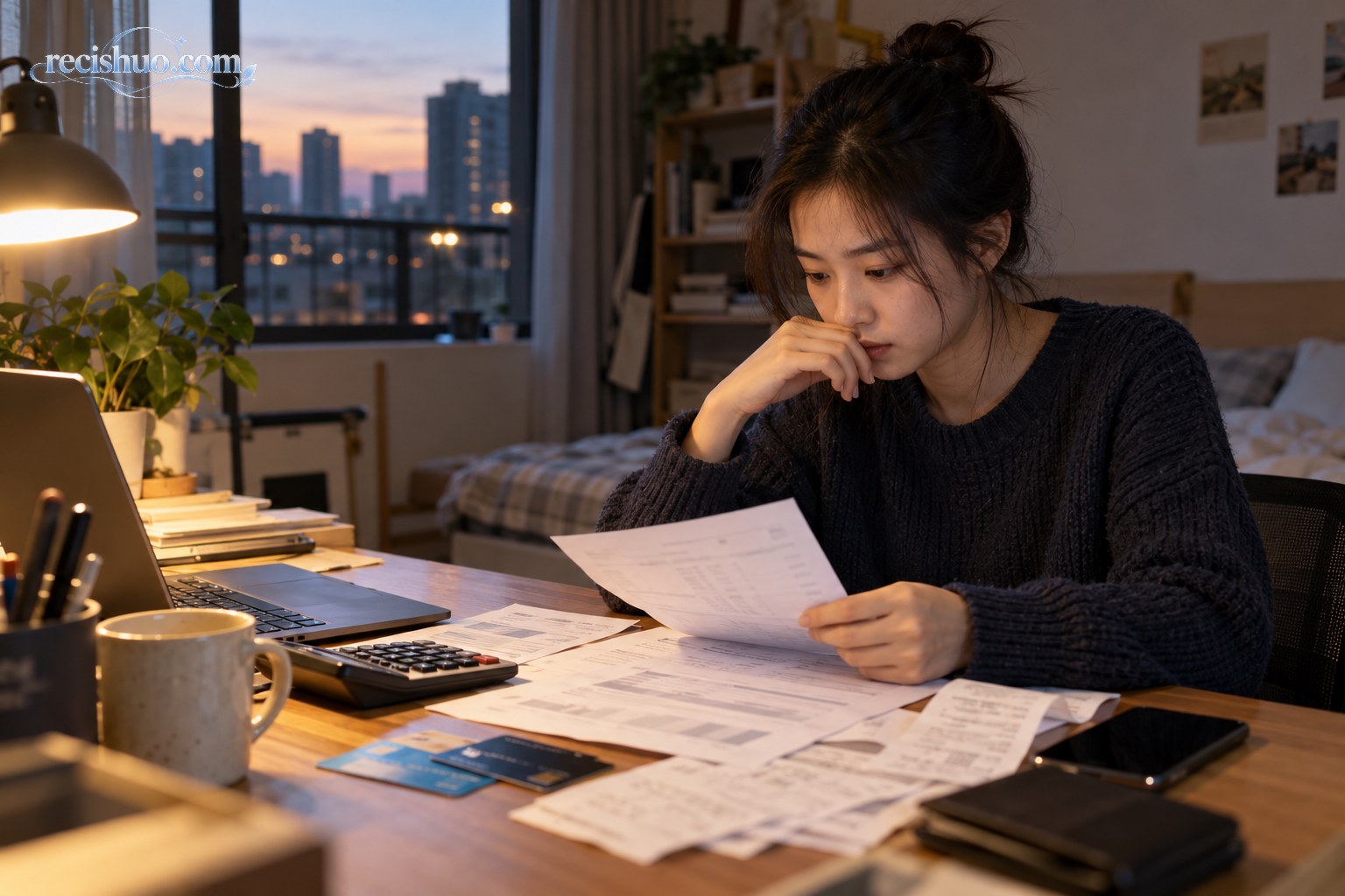 年轻职场人在租住房间核算工资与生活账单,思考社保缴费安排