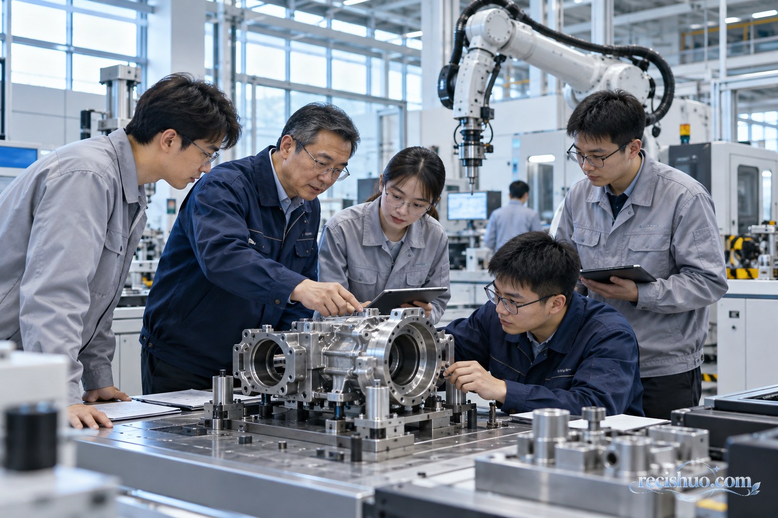 工程师团队在现代制造空间检测精密工业部件