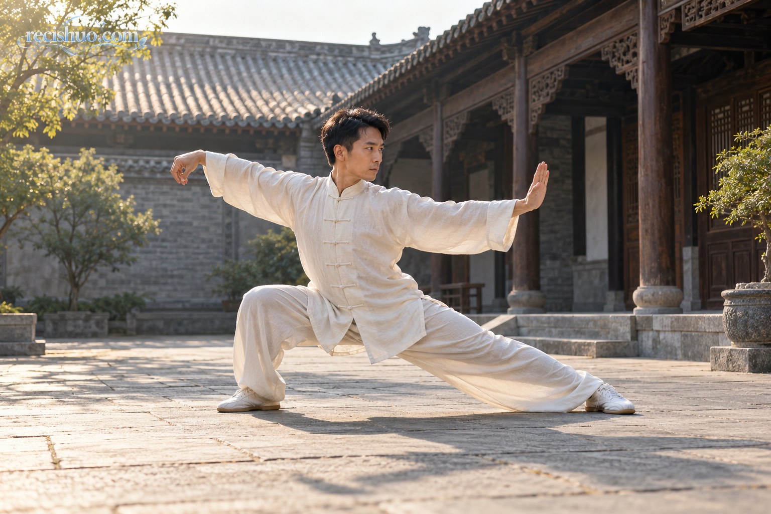 晨光中的武术练习者在中式庭院完成舒展有力的长拳动作