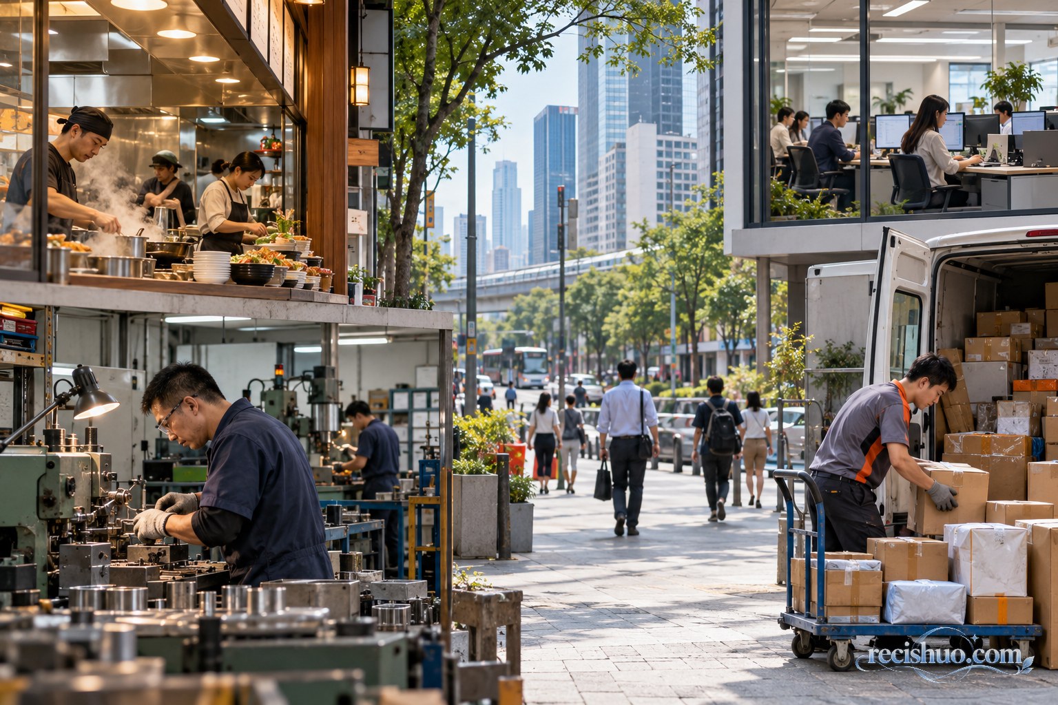 餐饮、制造、物流与办公服务共同构成的城市经济活动场景
