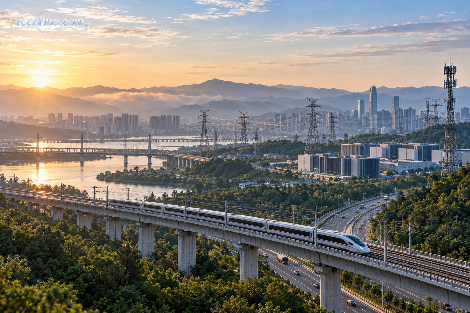 清晨山河城市间高铁、公路、电网、通信设施与数据中心协同分布的景象