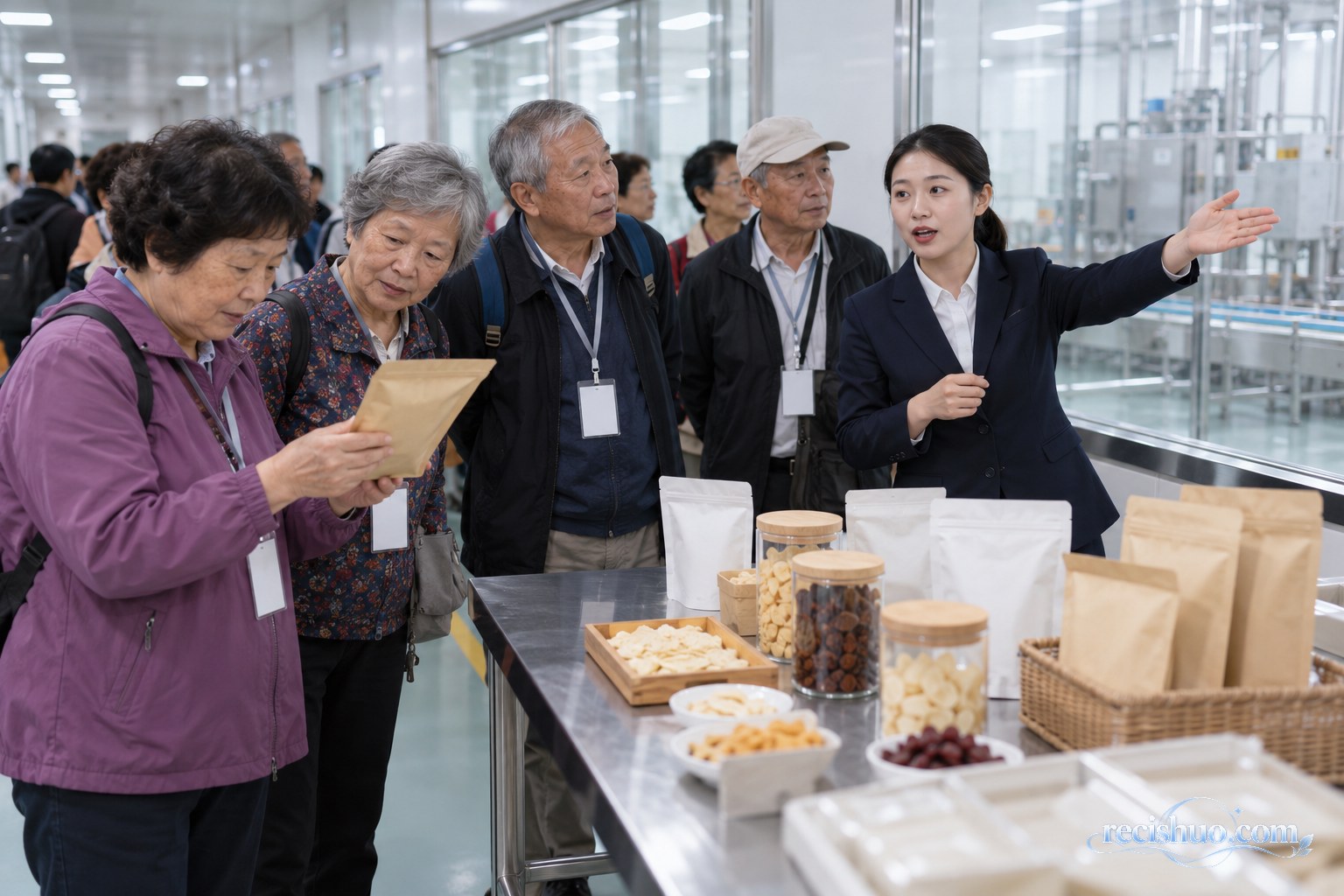 老年游客在食品生产参观区听取讲解并查看普通食品样品