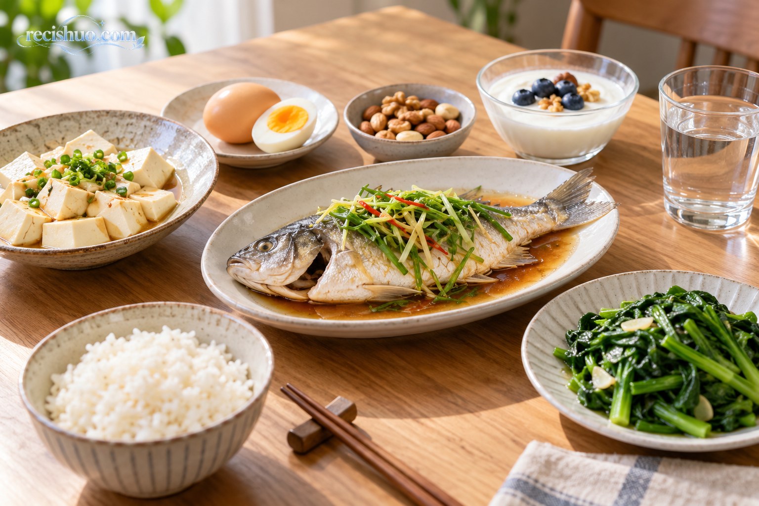 餐桌上摆放鱼、鸡蛋、豆腐、酸奶、坚果和绿叶蔬菜组成的均衡餐食