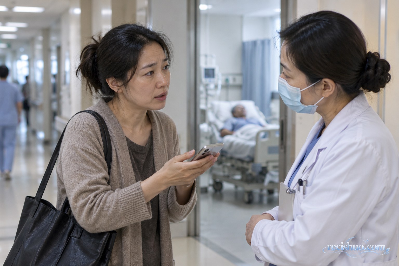 医院走廊内,一名女子拿着手机与医务人员认真沟通患者情况