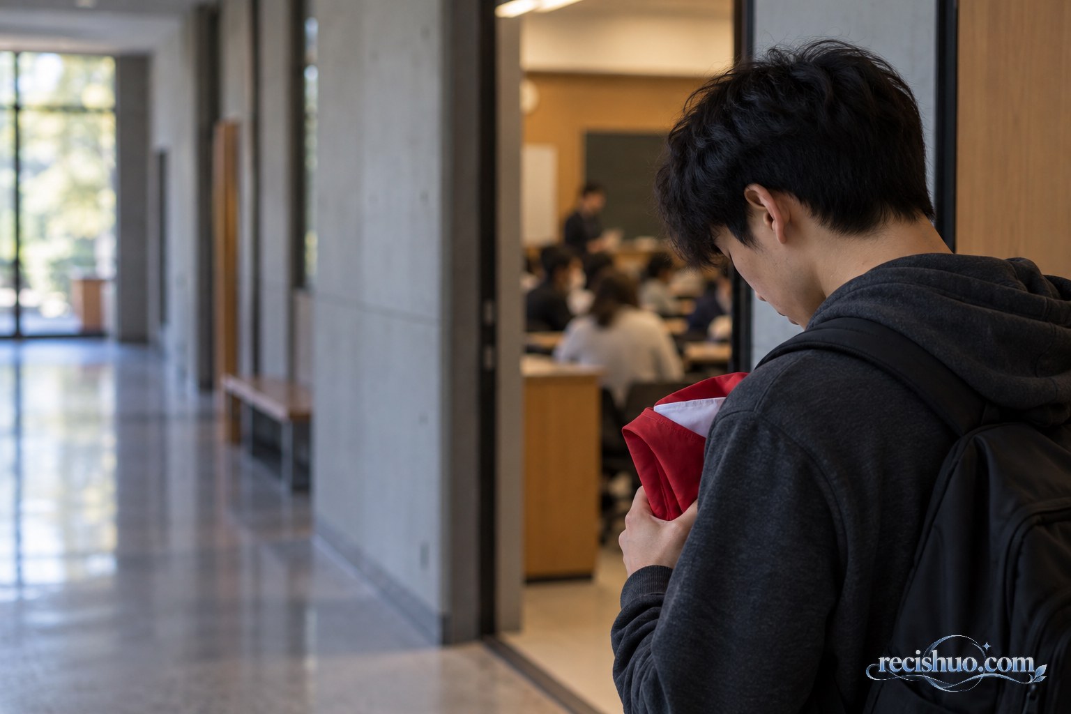 大学课堂外,一名年轻学生低头抱着折叠的红白色布料,神情显得沉重而反思