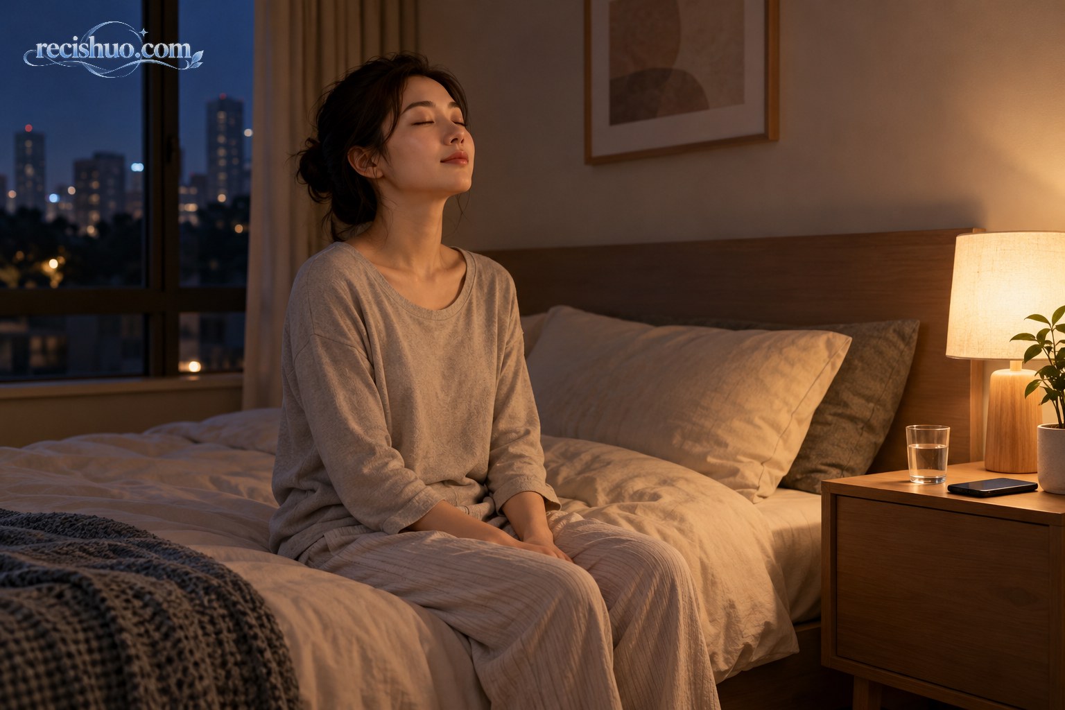 女子在暖色床头灯旁闭眼放松呼吸并将手机放在一边