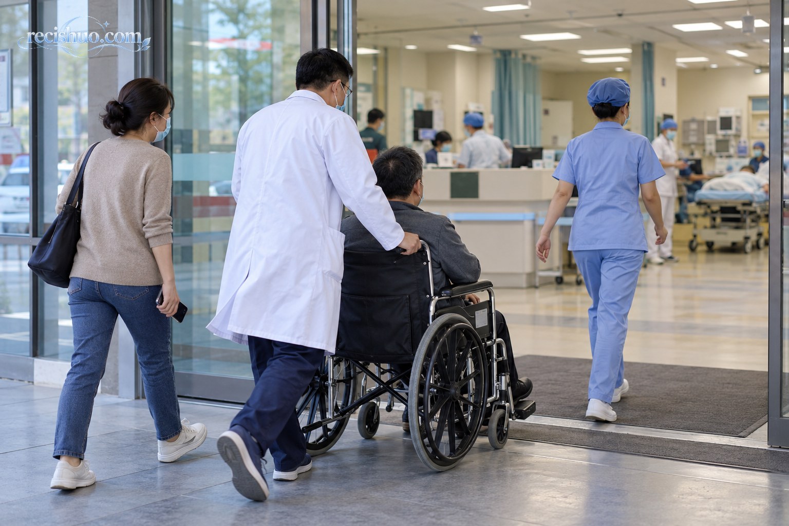 医务人员在急诊入口引导身体不适的患者接受专业评估