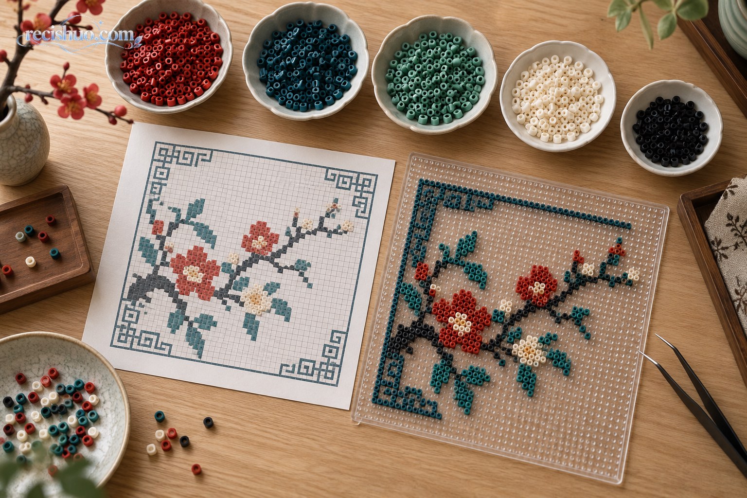 朱红黛青等拼豆与花枝回纹图样铺陈在木质手作桌面
