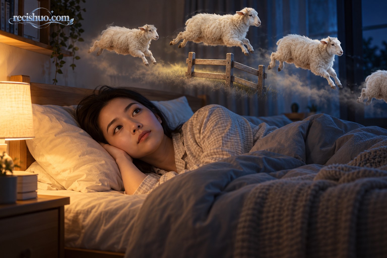 深夜卧室里一名尚未入睡的女子望着想象中依次跃过木栅栏的白羊