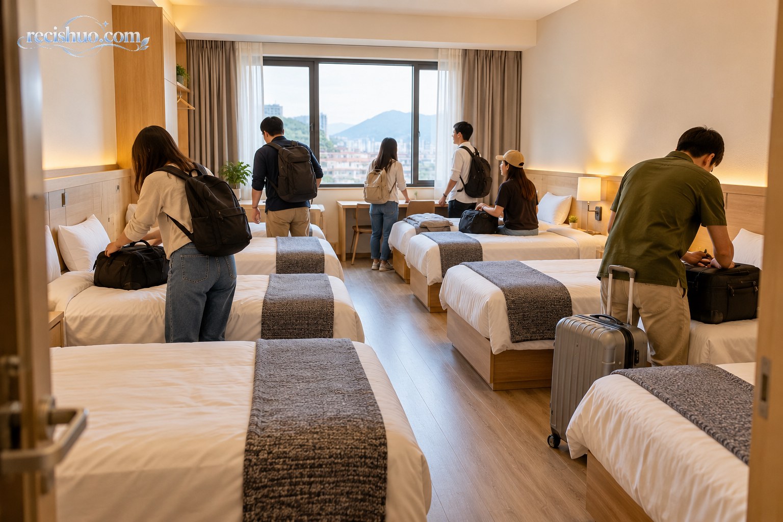 六名结伴出行的旅客在设有多张单人床的经济型酒店客房内整理行李
