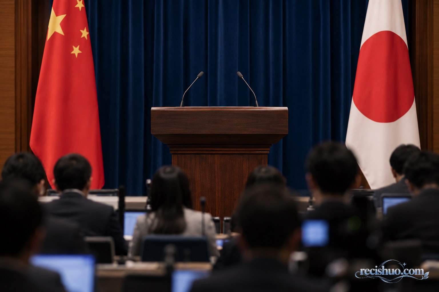中日两国旗帜之间设置空置发言台与记者席的外交新闻场景