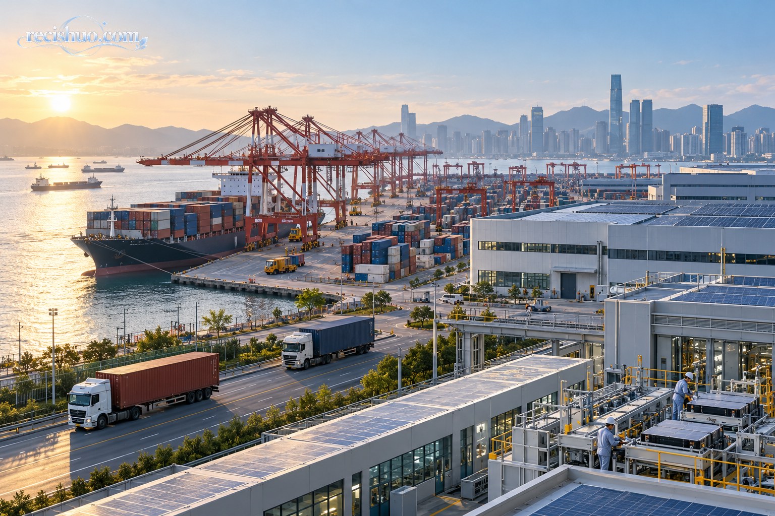 清晨阳光下港口、物流车辆与现代化产业园协同运转的城市经济场景