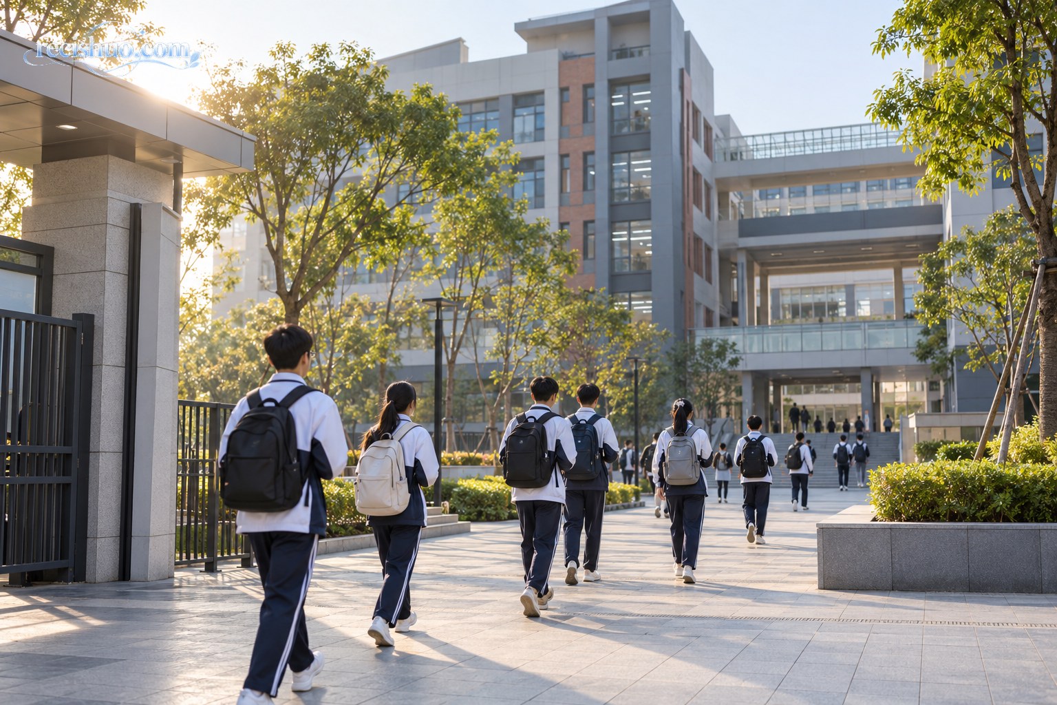 清晨时分,学生背着书包有序走进现代职业学校教学楼