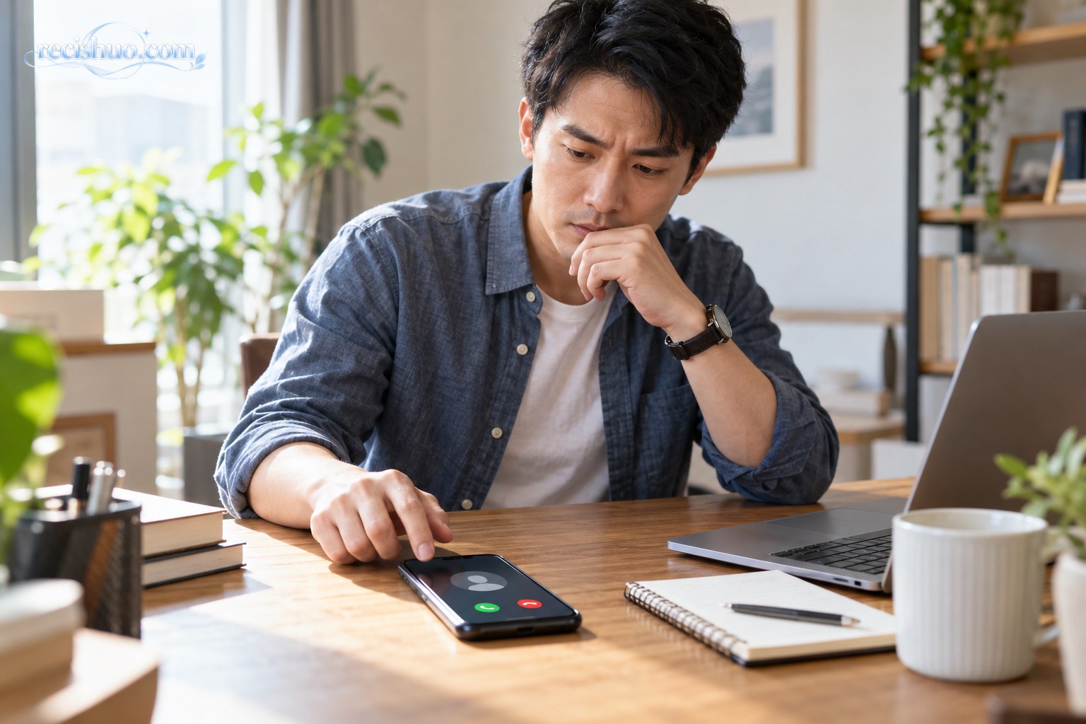 居家办公的年轻男子谨慎注视桌面上的陌生来电