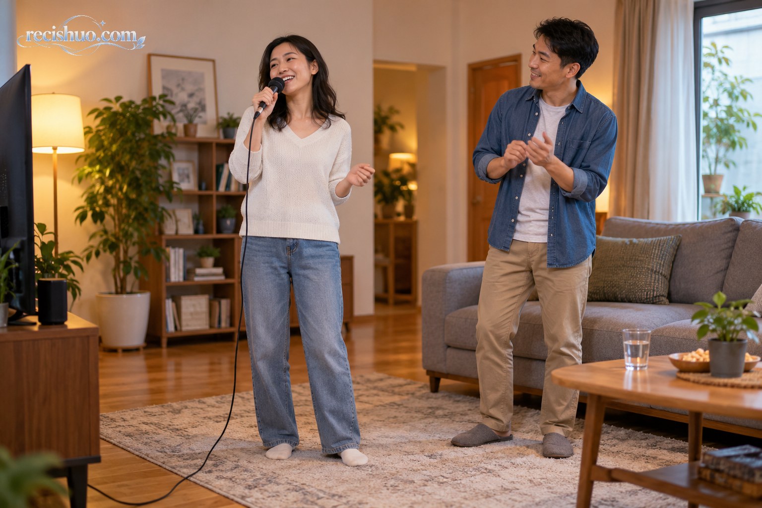 两名成年人在家中轻松唱歌,桌上备有温水