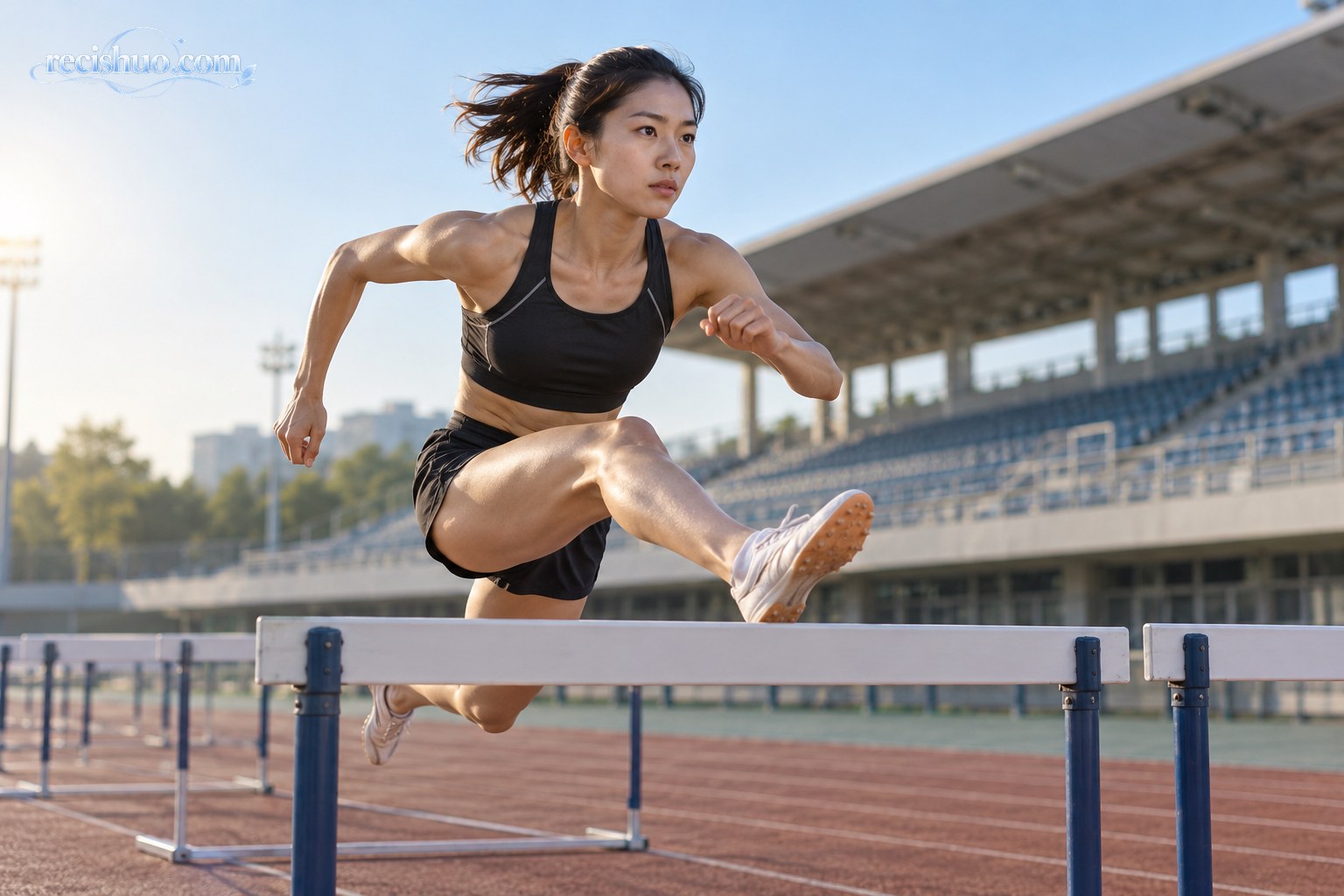 清晨田径场上,一名中国女子跨栏运动员正在越过栏架