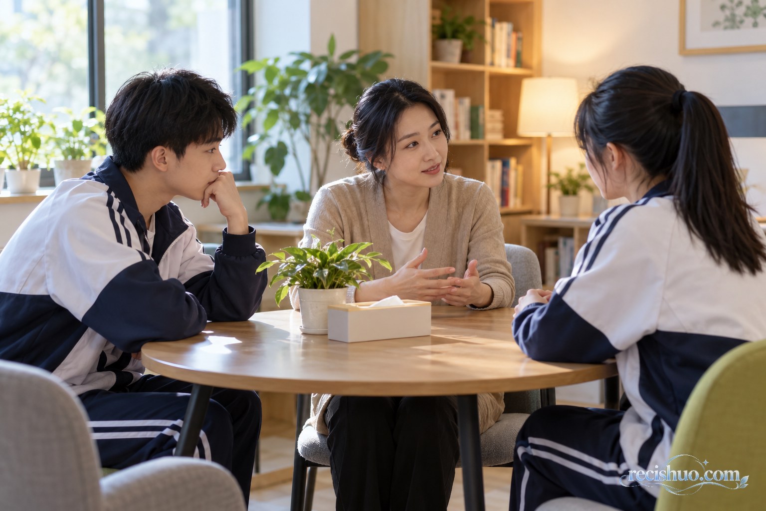 班主任在校园辅导室与两名学生进行平等交流