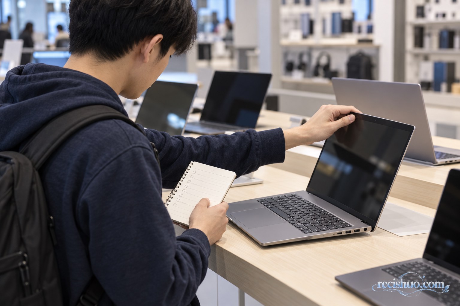 学生在电子产品门店按照清单检查笔记本电脑的屏幕转轴与接口