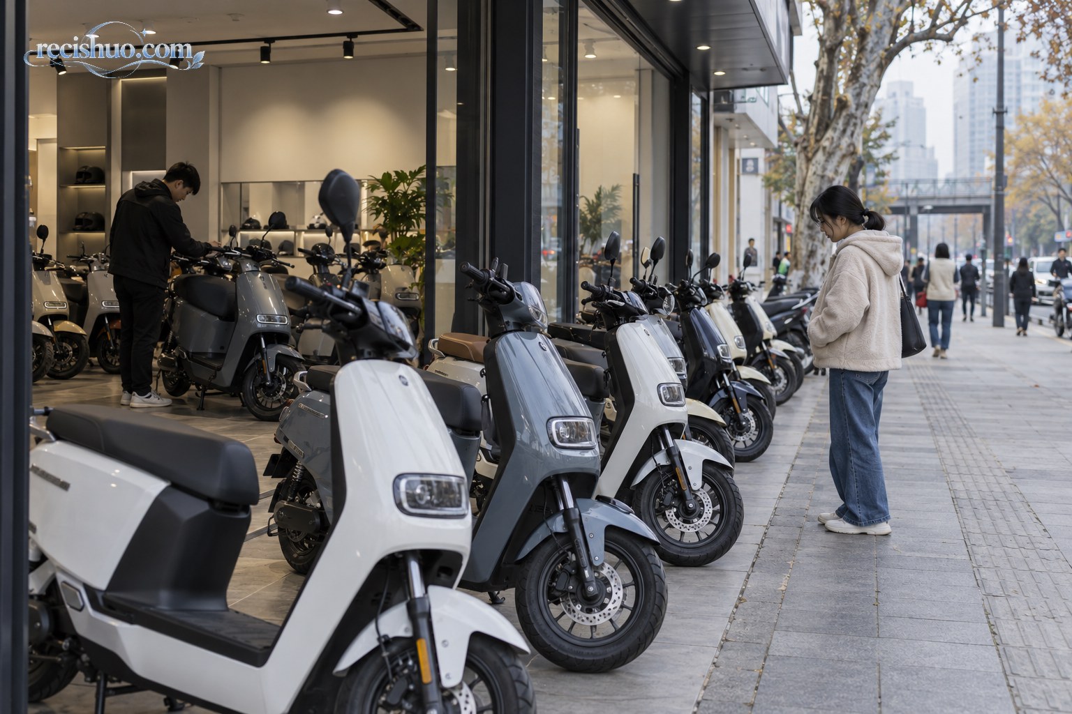 城市街边电动两轮车门店陈列多款车辆,一名消费者正在门外查看