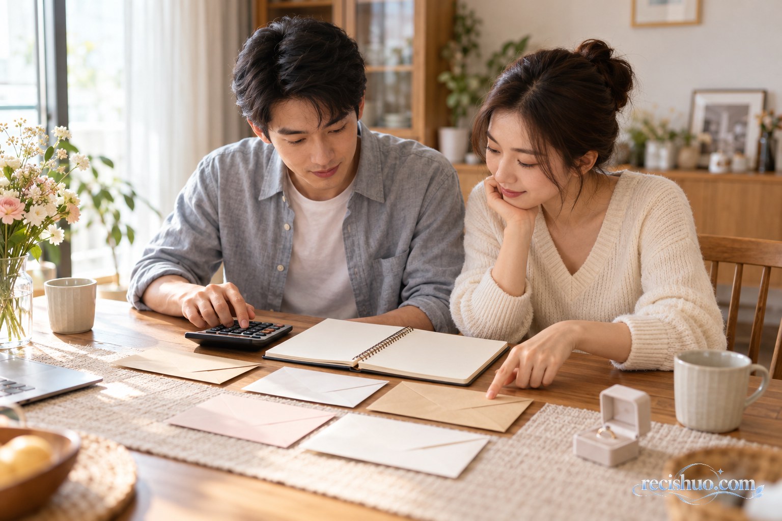 年轻伴侣在家中共同核算婚礼预算并讨论支出安排