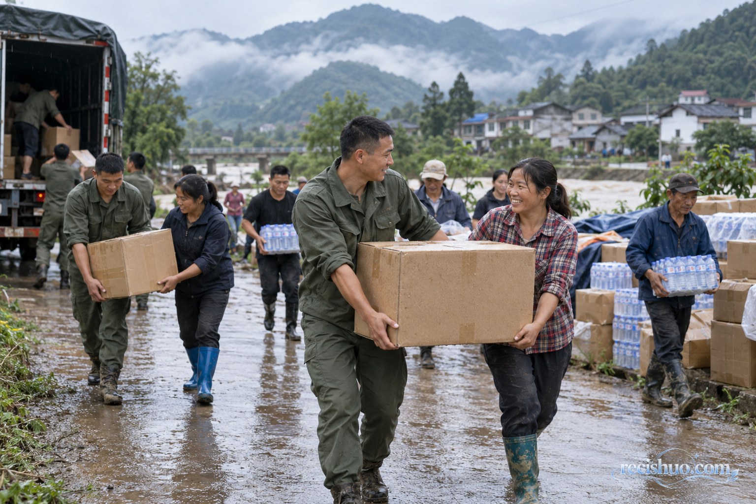 雨后乡村道路旁,工作人员与当地群众并肩搬运生活物资