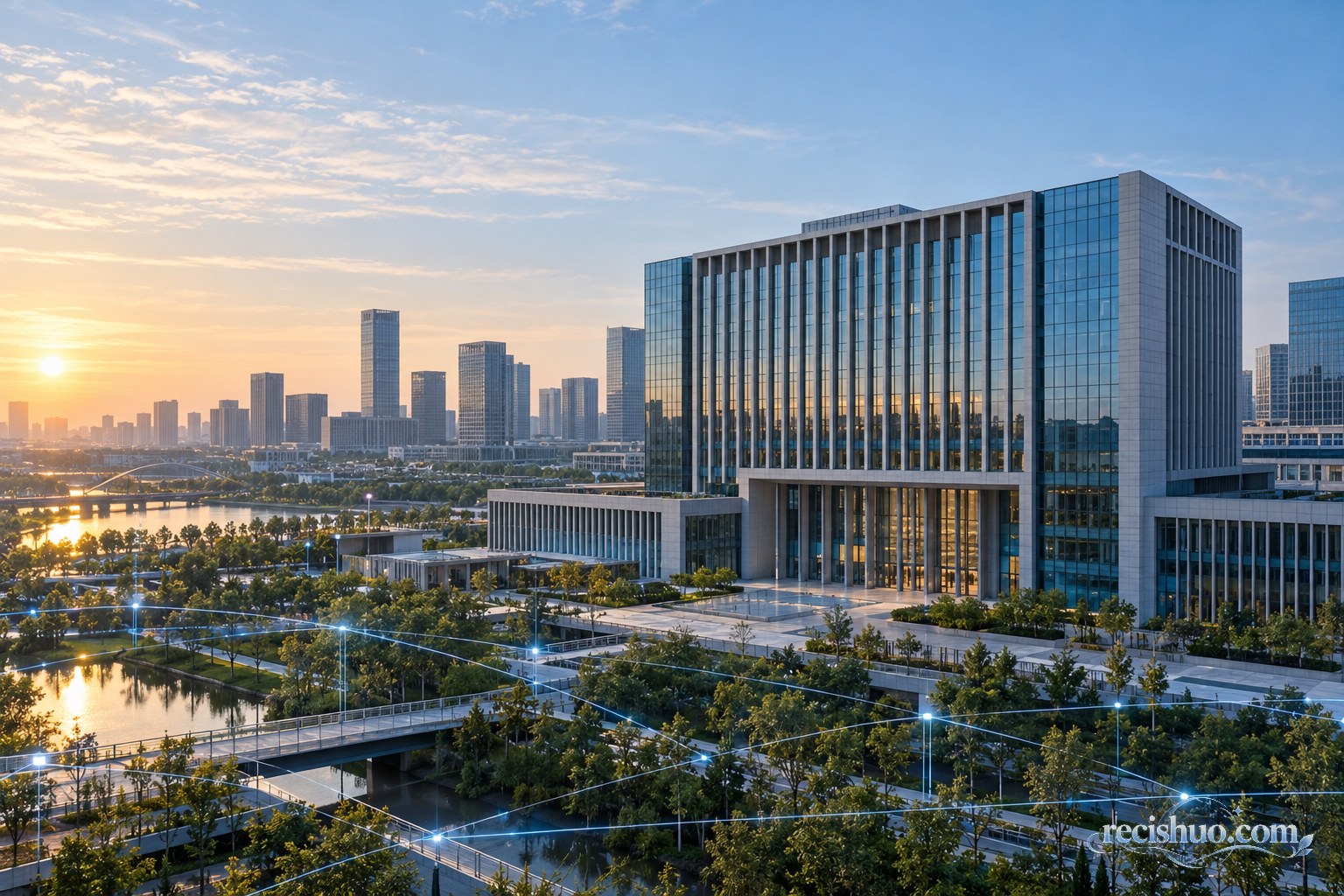 晨光中的雄安新区现代办公建筑与数据连接意象