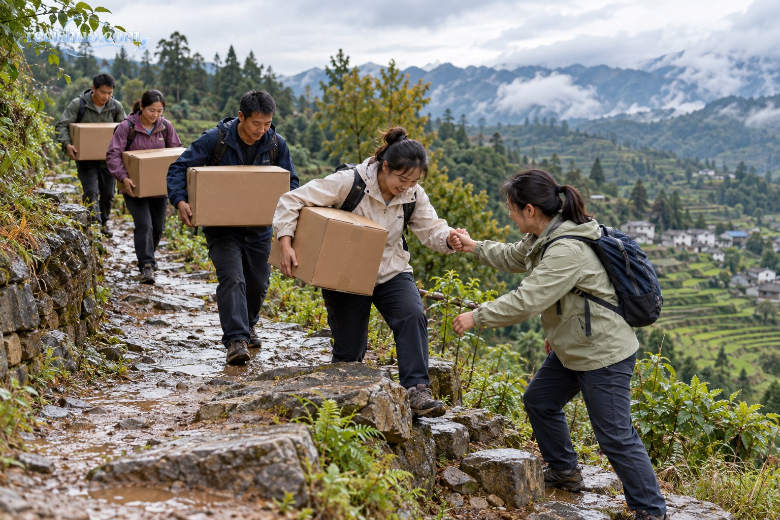 志愿者团队在雨后乡村山路上协作搬运物资