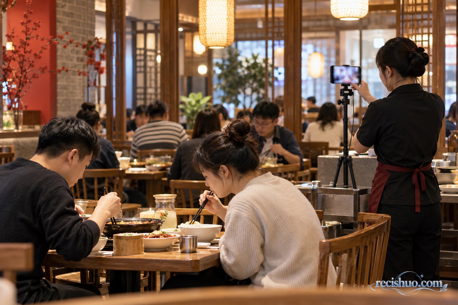 餐馆店员操作直播手机时多桌顾客正在用餐的纪实场景