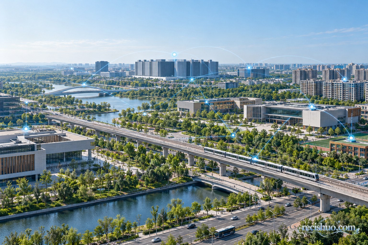 现代城市交通、社区与数据基础设施相互连接的场景