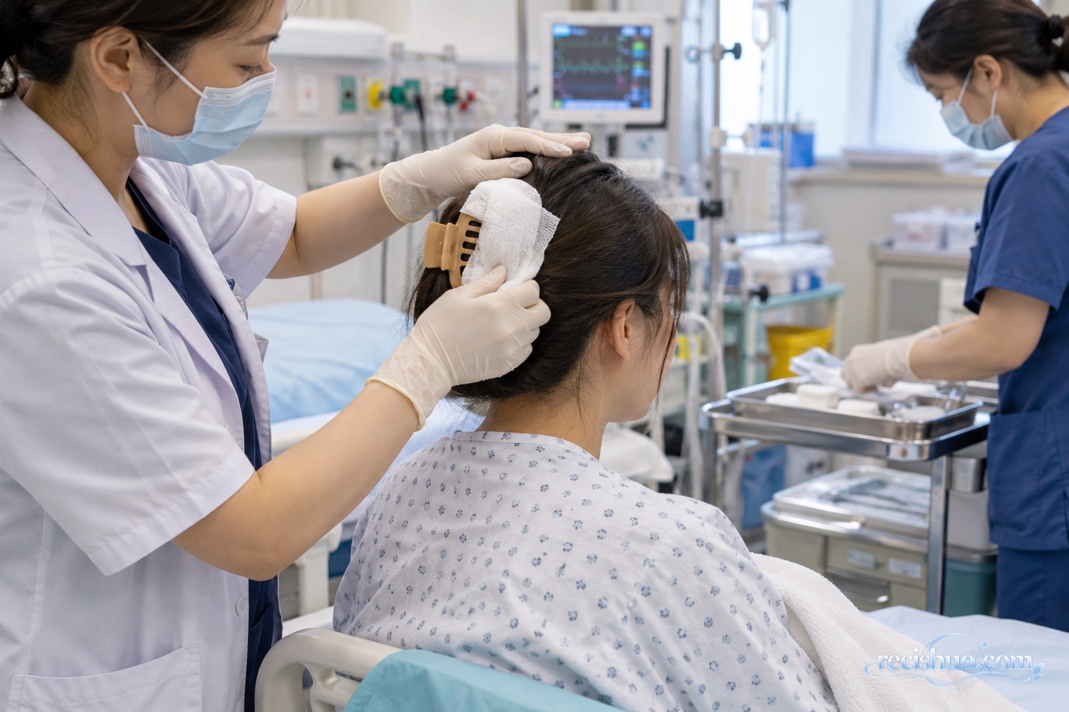 医护人员用纱布固定患者后脑勺发夹受伤部位并进行检查