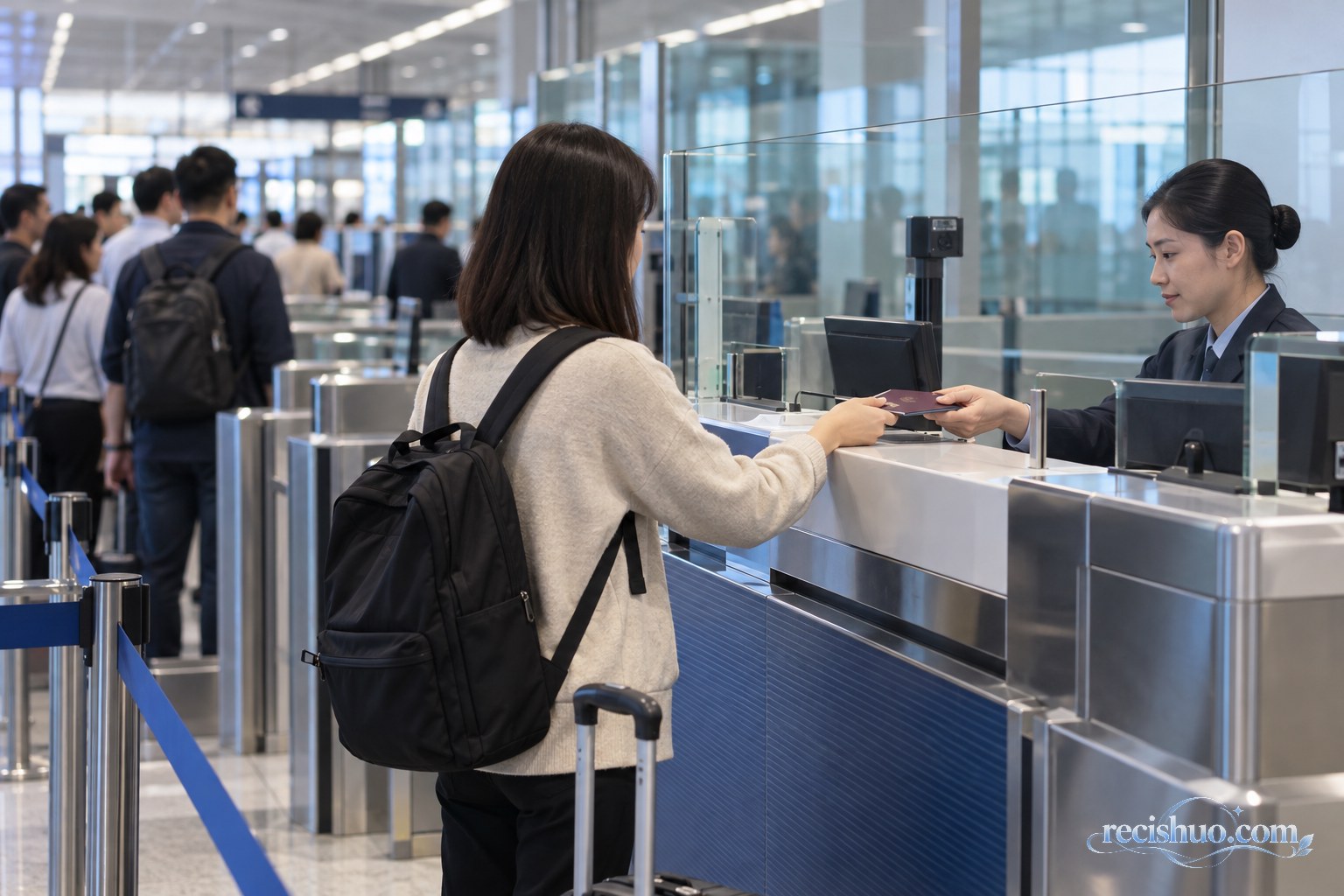 国际机场口岸旅客在柜台递交证件接受出入境查验
