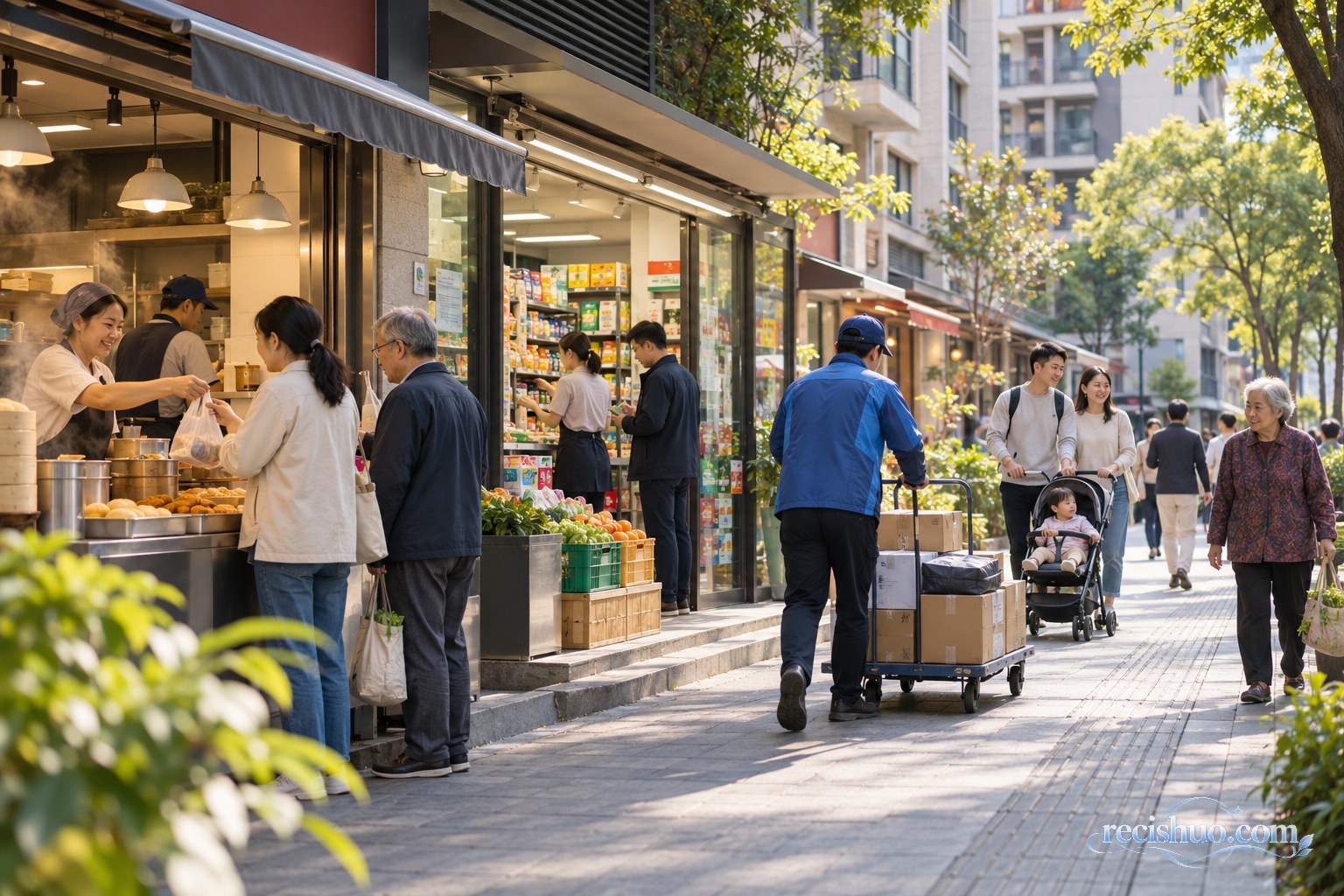 社区商业街上居民购物、店员服务与快递配送共同构成日常消费场景