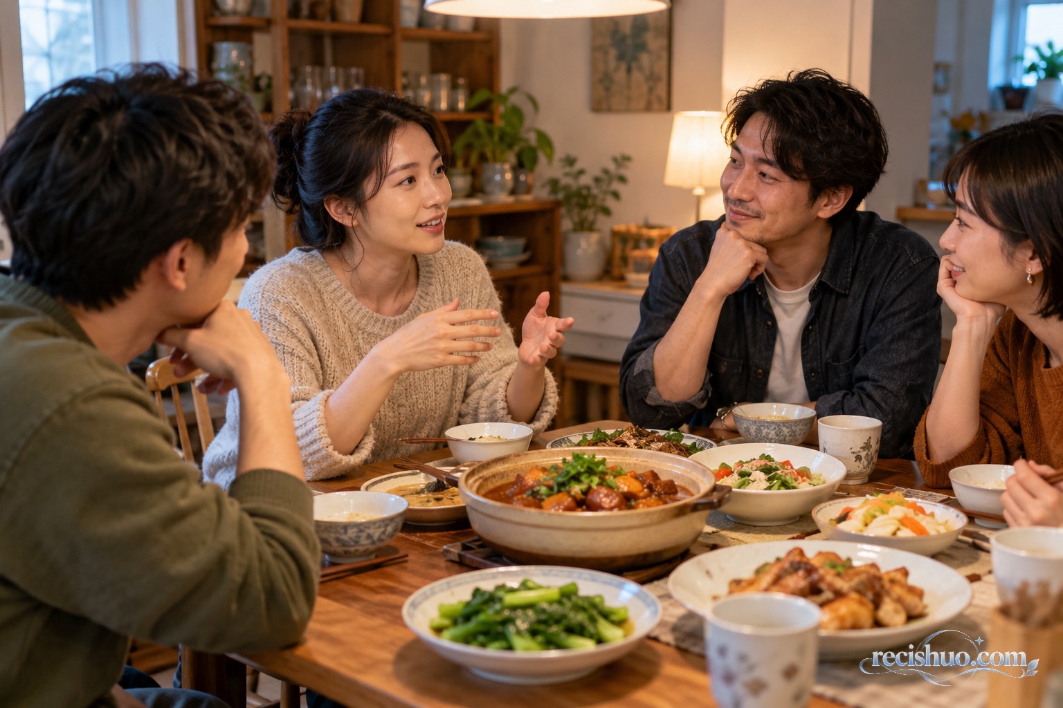 几位朋友围坐家中餐桌轻松交谈,桌上摆着不同风格的家常菜