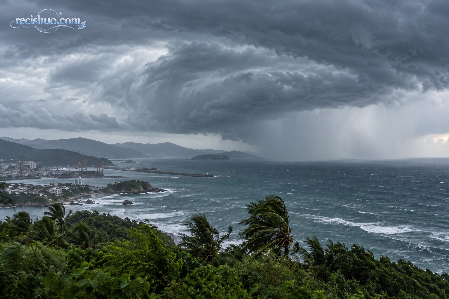 乌云和降雨笼罩海岸与港湾,近处树木在强风中摇摆