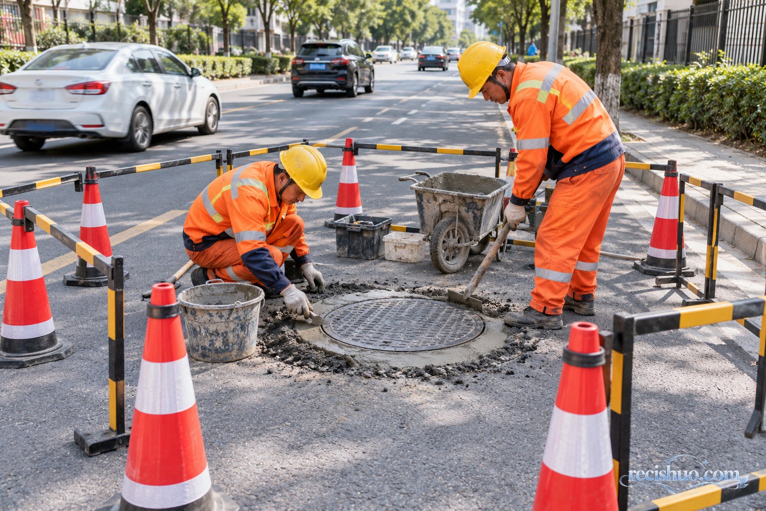 维修人员设置安全围挡后对道路井盖周边进行修补作业